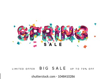 Spring sale. Design modern paper cut. Lettering of melting liquid. Vector card papercut trendy illustration