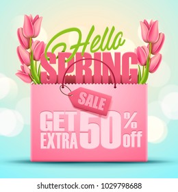 Spring sale design with shopping bag and tulips. Vector illustration.