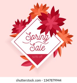 Spring sale. Design template with beautiful flowers. Vector hand drawn illustration banner. Can be use as flyer, invitation, poster, brochure, discount.