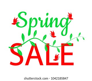 spring sale design text with green leaves and red butterfy illustration, vector seasonal promotion template