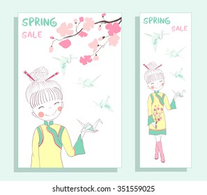 Spring sale design. Two banners collection. One of a set - seasonal banners. Can be used for flyers, banners or posters. Vector illustration with cute girl.