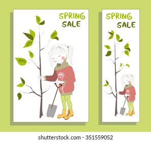 Spring sale design. Two banners collection. One of a set - seasonal banners. Can be used for flyers, banners or posters. Vector illustration with cute girl.