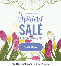 Spring sale design with vector line ar thand drawn tulips. Spring color palette with tulip blooms and leaves in an elegant detailed bouquet. 