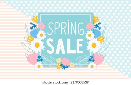 Spring sale discount banner with blooming beautiful flowers, design template for banners, flyers or posters, sale advertisement