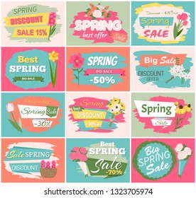 Spring sale, discount and best offer, label with rose, lilac and violet, daisy bouquet. Advertisement decorated by flowers, greeting for ladies vector. Early spring and summer flower for wedding