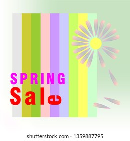 Spring sale. Discount concept. Flat colored rainbow stripes background. Daisy and falling leafs. Bold written text