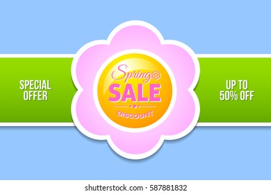 Spring sale discount document template with flower and ribbon on pale blue background. All in bright pastel colors suitable for springtime related purposes.