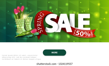 Spring sale, discount horizontal green banner with button and tulips in women's rubber boots