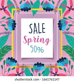 spring sale, discount offer message lettering flowers background vector illustration
