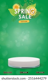spring sale discount portait template banner with blank space 3d podium for social media post product sale with abstract gradient green background design55
