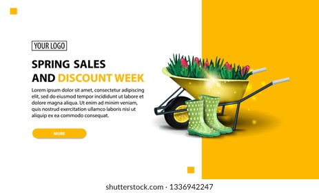Spring sale and discount week, modern yellow horizontal discount banner with button and garden wheelbarrow with tulips