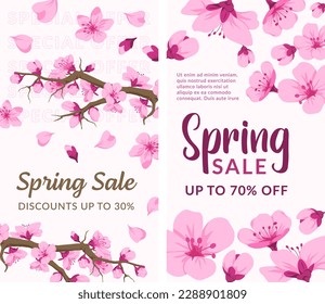 Spring sale with discounts and sale up to 30 or 70 percent. Seasonal reduction of prices for loyal clients. Shops and stores promotional banner for advertisement and marketing. Vector in flat style