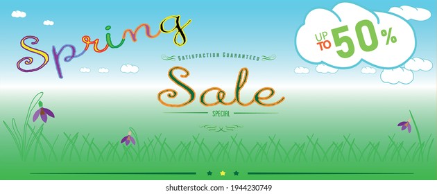 venta primaveral descuentos de hasta el 50% de gráficos vectoriales pradera verde con gotas de nieve y cielo azul con nubes