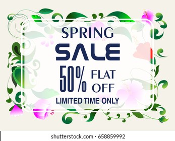 Frühjahrsverkauf mit Flat 50% Rabatt für begrenzte Zeit. Abstrakter Hintergrund mit schönem Blumendesign, Kann als Plakat, Banner oder Flyer verwendet werden.