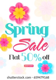 Frühlingsverkauf mit Flat 50% Rabatt, Schöne Papierblumen dekoriert Plakat, Banner oder Flyer Design.