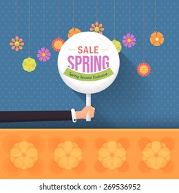 Spring Sale Flat Background, Signboard Hold Hand Vector Design