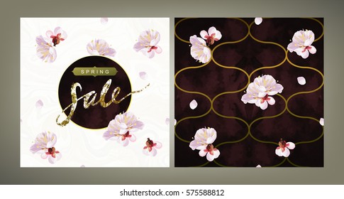 "Spring Sale" flayer template and the same style pattern tile vector set. Textured plum tree flowers and petals on marble background. Shabby gold and emerald velvet texture.