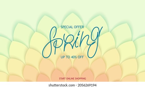 Spring sale. Floral 3D background from vivid leafs with linear calligraphy label. Vector template