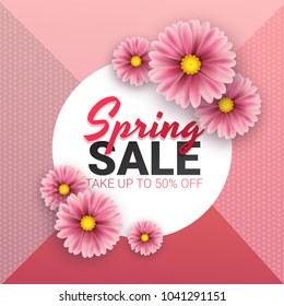 Spring sale floral advertizing poster, board. Banner with realistic flowers. Vector illustration