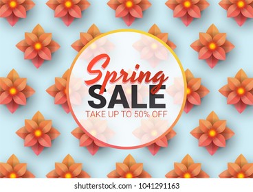 Spring sale floral advertizing poster, board. Banner with paper flowers. Vector illustration