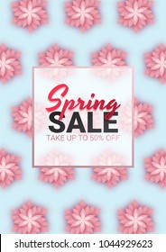 Spring sale floral advertizing poster, board. Banner with realistic flowers. Vector illustration