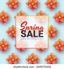 Spring sale floral advertizing poster, board. Banner with realistic flowers. Vector illustration