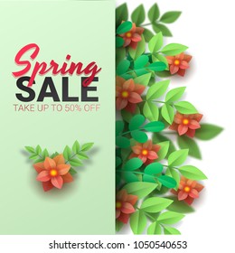 Spring sale floral advertizing poster, board. Banner with realistic flowers, leaf. Vector illustration
