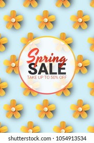 Spring sale floral advertizing poster, board. Banner with realistic flowers. Vector