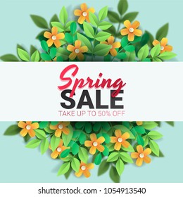 Spring sale floral advertizing poster, board. Banner with realistic flowers, leaf. Vector illustration