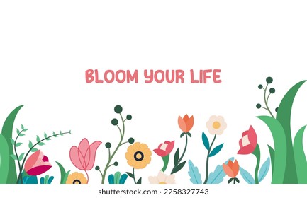 Spring Sale floral backdrop decorated with gorgeous multicolored blooming flowers and leaves border. Spring botanical flat vector illustration, Hello Spring Banner template