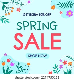 Spring Sale. Floral background with colourful blooming flower and leaves. Vector illustration