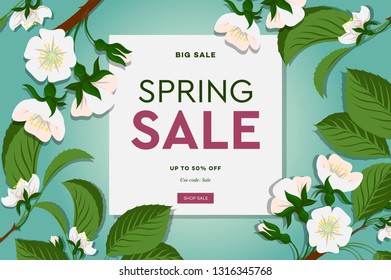 Spring sale floral banner with blooming cherry flowers on green background for seasonal design of banner, flyer, poster, web site, vector illustration.
