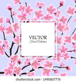 Spring sale floral banner with blooming pink cherry flowers on blue background vector illustration. Sakura tree backdrop for seasonal design of flyer, poster or web site.