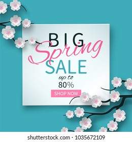 Spring sale floral banner with paper cut blooming pink cherry flowers on blue background for seasonal design of banner, flyer, poster, web site. Paper cut out art style, vector illustration