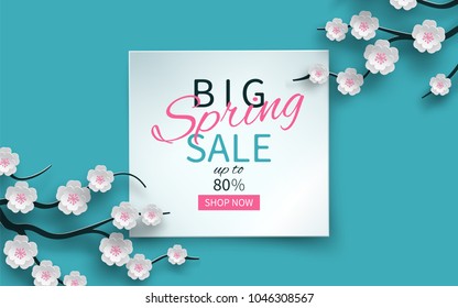 Spring Sale Floral Banner With Paper Cut Blooming Pink Cherry Flowers On Blue Background For Seasonal Design Of Banner, Flyer, Poster, Web Site. Paper Cut Out Art Style, Vector Illustration