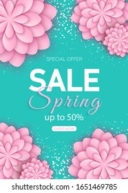 Spring sale floral banner with paper cut blooming pink cherry flowers on blue background for seasonal design of banner, flyer, poster, web site. Paper cut out art style, vector illustration