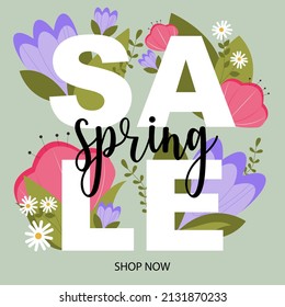 Spring sale floral banner or poster for social media promo posts and web shopping advertising. Spring sale inscription on a green background with pink and purple flowers. Flat vector illustration.