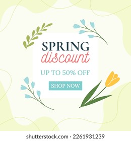 Spring sale. Floral green background. Minimalistic style with floral elements. Vector template for a postcard, banner, invitation, social media post, poster, mobile applications.