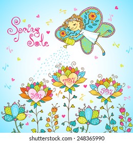 Spring sale   flower composition background.  Hand drawn doodle floral design template.  Can be used for cards, invitations, banners, web pages, template for design and decoration, etc