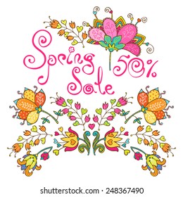Spring sale   flower composition background.  Hand drawn doodle floral design template.  Can be used for cards, invitations, banners, web pages, template for design and decoration, etc