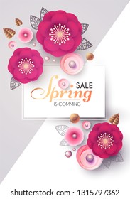 Spring Sale. Flower Paper Cut Elegant Design Template with Realistic Shadows. Pink and Gold. vector illustration