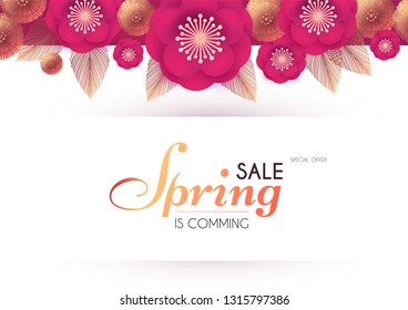 Spring Sale. Flower Paper Cut Elegant Design Template with Realistic Shadows. Pink and Gold. vector illustration
