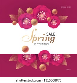 Spring Sale. Flower Paper Cut Elegant Design Template with Realistic Shadows. Pink and Gold. vector illustration