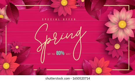 Spring Sale Flowers Banner with Flowers,leaf and colorful background. Vector Design for your Spring Season greetings card, flyers, web banner, invitation, posters, Spring sale , Flowers background.