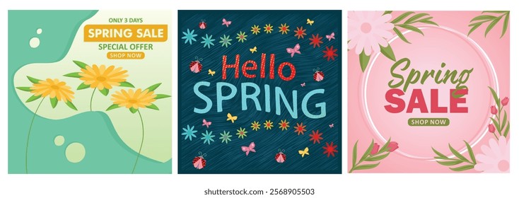 Spring Sale. Spring with flowers, bees, and ladybugs. Flowers bloom in Spring. Spring Flourishing concept. Set flat vector illustration.