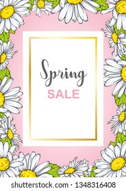 Spring Sale flyer background with beautiful flower. Vector illustration. Camomile.