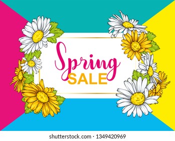 Spring Sale flyer background with beautiful flower. Vector illustration. Camomile.