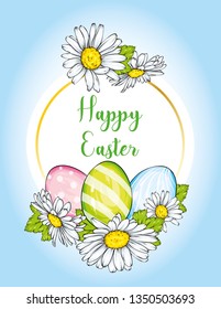 Spring Sale flyer background with beautiful flower. Vector illustration. Camomile. Easter eggs. 