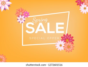 Spring Sale Flyer Banner Design Vector Background with abstract colorful flower 