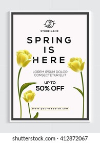 Spring Sale Flyer, Sale Banner, Sale Poster, Upto 50% Discount Offer.Vector illustration with beautiful flowers.